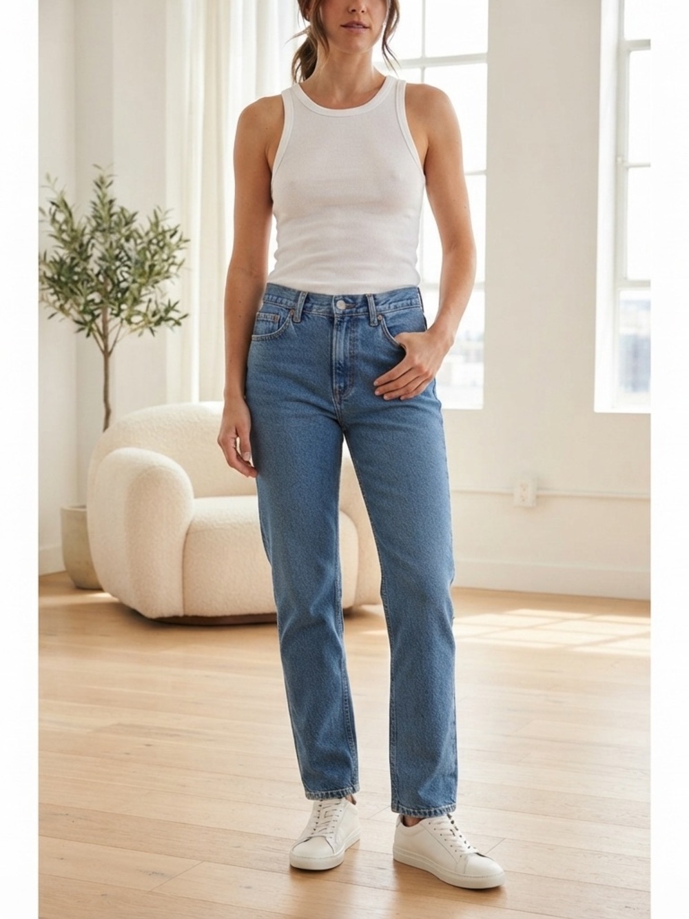 COS classic mid-rise, straight-leg denim, medium blue wash 5 pocket style